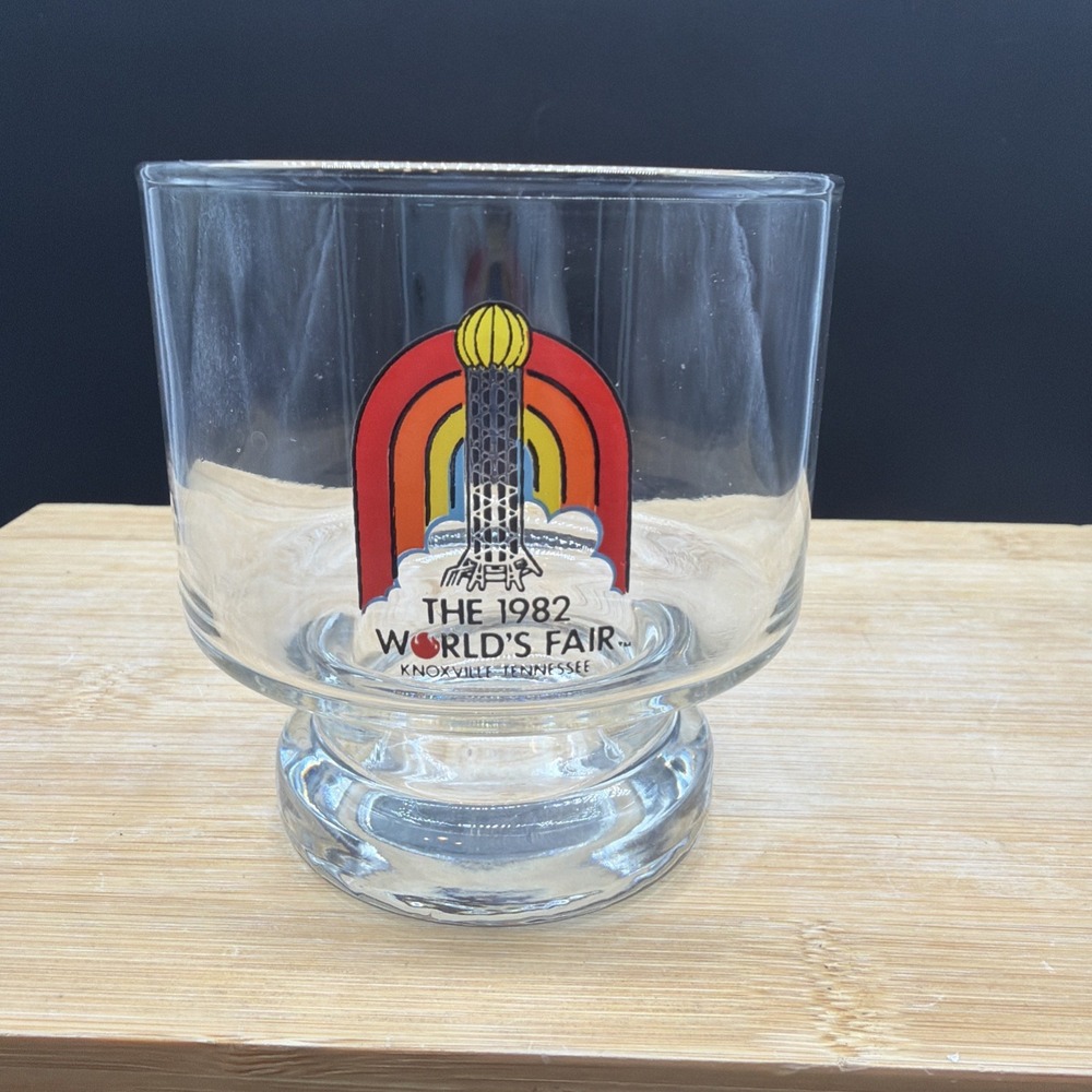 1982 Worlds Fair Juice Glass Knoxville Tennessee Vintage Rainbow 4" Tall Cute